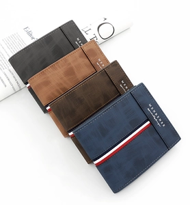 Short tri-fold men's wallets in black, brown, and blue with brushed matte texture