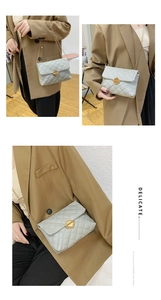 Close-up of light gray quilted shoulder bag with gold chain strap and metal clasp