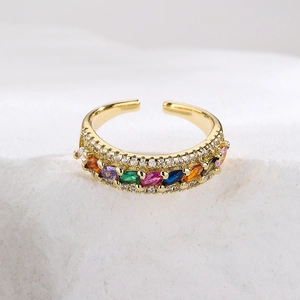 Luxurious 18K gold-plated adjustable ring with colorful marquise-cut zircon stones