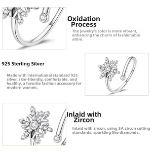 Macro detail of S925 sterling silver snowflake ring with 3A zircon and oxidized finish