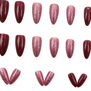Deep burgundy and glitter pink almond press-on nails set in 24 piece luxury pack