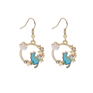 Cartoon blue cat earrings with gold circle wreath and sparkling rhinestones for women