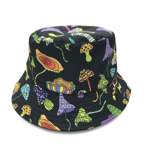 Close-up of black bucket hat featuring vibrant colorful mushroom pattern prints