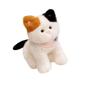 Cute calico cat plush toy with white fur, orange ears, and a pink checkered scarf