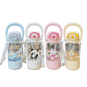 Cute large capacity kids water bottles with straw and shoulder strap in four colors