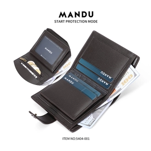 Men's dark brown leather RFID wallet with multi-card slots and secure snap closure