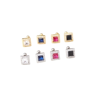 Set of square screw-back cartilage earrings with colorful cubic zirconia in gold and silver
