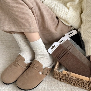 Winter knit cotton crew socks in earth tones with cozy fleece-lined clogs