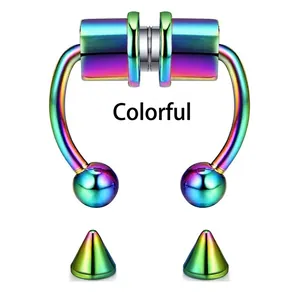 Multicolor magnetic stainless steel horseshoe nose ring with interchangeable spike and ball ends