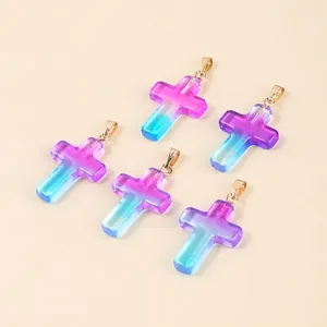 Set of five gradient glass cross pendants with gold metal clasps for DIY jewelry making