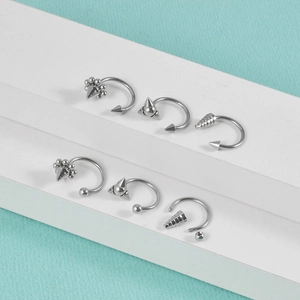 Silver punk stainless steel horseshoe rings set with cone spikes and round beads