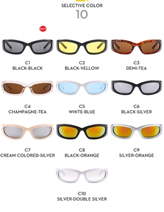 Selective color palette showing 10 stylish Y2K futuristic sunglasses with color codes
