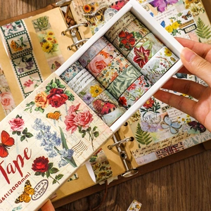 Vintage floral and butterfly washi tape set in decorative storage box for DIY journaling