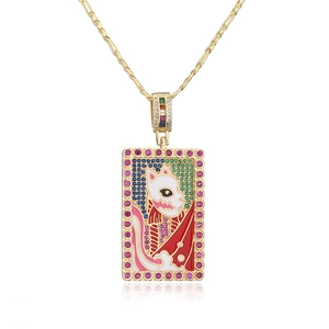 Detail of 18K gold-plated necklace featuring a colorful oil painting style cat pendant