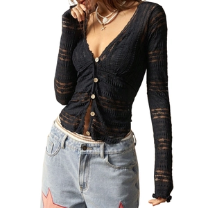 Sexy black V-neck lace long sleeve cardigan with buttons and sheer hollow-out texture