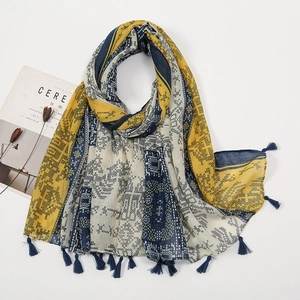Ethnic bohemian cotton-linen scarf with navy and yellow geometric patterns and tassels