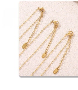 Detail of gold stainless steel chains with lobster clasps and engraved S.Steel tags