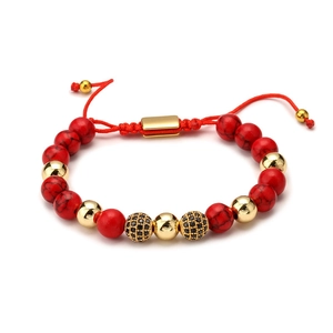 Handmade red agate bead bracelet with golden accents and adjustable woven drawstring cord