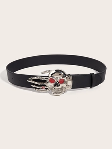 Punk black leather belt with silver metal skull and bone hand buckle with red accents
