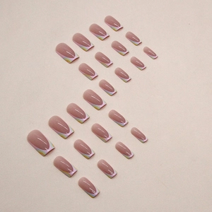 24pcs French rainbow marble tip press-on nails in medium square shape and nude pink base