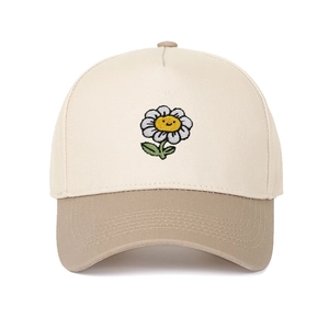 Close-up of smile sunflower embroidery on contrast color cotton baseball cap