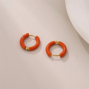 Orange Enamel Hoop Earrings Stainless Steel Round Geometric Gold Plated Jewelry For Women Elegant Fashion