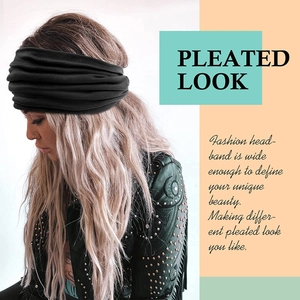 Wide pleated black headband for women made of elastic fabric in minimalist bohemian style