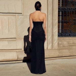 Elegant backless black sequin fishtail evening dress with matching neck collar