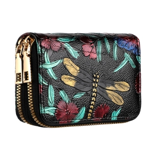 Portefeuille noir en cuir avec motif libellule en relief et double fermeture éclair