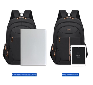 Size comparison of a black laptop backpack with orange accents and interior storage space