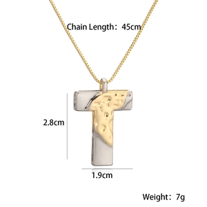 Detailed view of the 45cm chain and two-tone letter T pendant with size dimensions