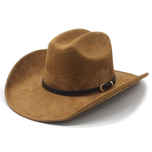 Classic brown faux suede western cowboy hat with black leather band and gold hardware