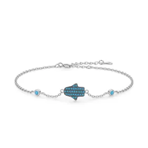 Elegant S925 sterling silver Hamsa bracelet featuring turquoise accents and O-chain