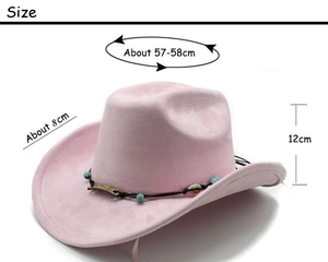 Pink suede western cowboy hat sizing detail with shell beads and decorative trim