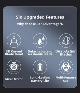 Technical infographic of electric nose trimmer with 3D blade and waterproof head details