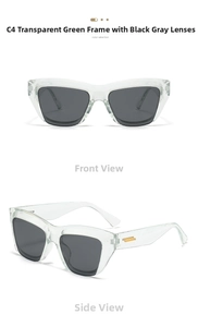 Detail of square semi-rimless sunglasses in transparent green with gold metal accents