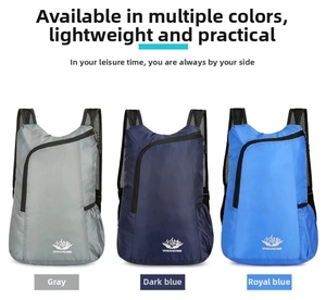 Three foldable cycling backpacks in gray and blue showing side mesh pockets and lightweight fabric