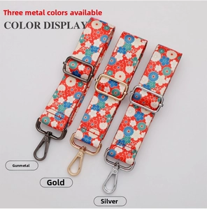 Detail of adjustable floral canvas straps with gunmetal, gold, and silver hardware options