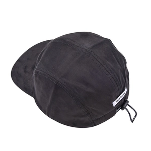 Detailed back view of a black 5-panel cap with drawstring closure and label