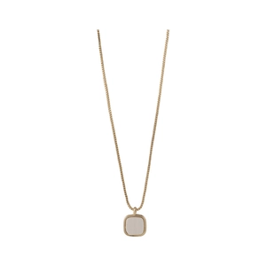 Minimalist square shell pendant necklace with a gold box chain on a clean white background