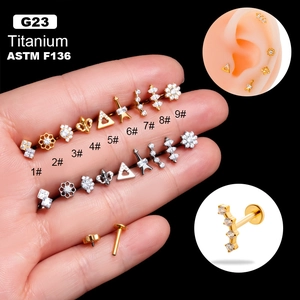 G23 Titanium Cartilage Stud Earring With Zircon Flower Geometric Shape Internally Threaded Flat Back Body Piercing Jewelry