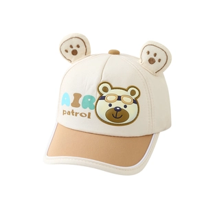 Kids baseball cap with bear ears and air patrol cartoon print in beige and brown