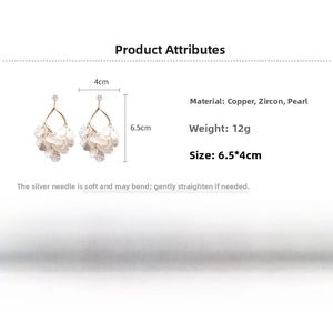 Detailed size and material specs for floral zircon drop earrings with pearl petals