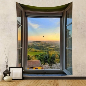 Detail of bohemian tapestry featuring a 3D window view of a scenic European sunset landscape