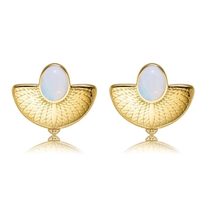 Detail of bohemian fan-shaped earrings with gold plating and white opal stones