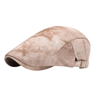 Distressed tan newsboy cap in cotton linen with adjustable side metal buckle