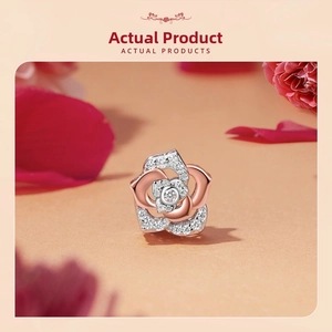 Macro detail of rose flower S925 sterling silver charm with sparkling cubic zirconia