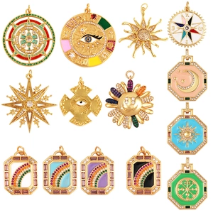 Bohemian gold plated copper pendants with sun, star, and evil eye designs in colorful enamel