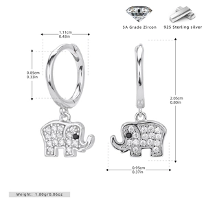 Close-up of 925 sterling silver elephant earrings with 5A grade zircon stones