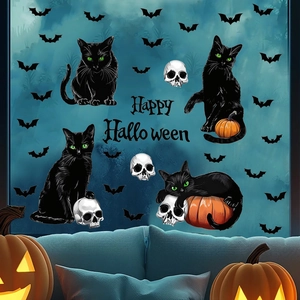 Halloween PVC Wall Stickers Black Cat Bat Pumpkin Skull Window Decals For Holiday Home Decoration Removable